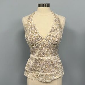 Y2K Cache Lace Halter Top L  Ivory & Nude Lingerie Inspired Scalloped Festival
